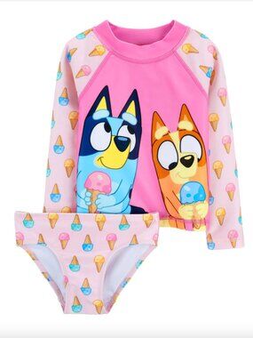 NWT Bluey Baby 12 Month 2 Piece Swimsuit Set Rashguard & Bottoms Pink Icecream